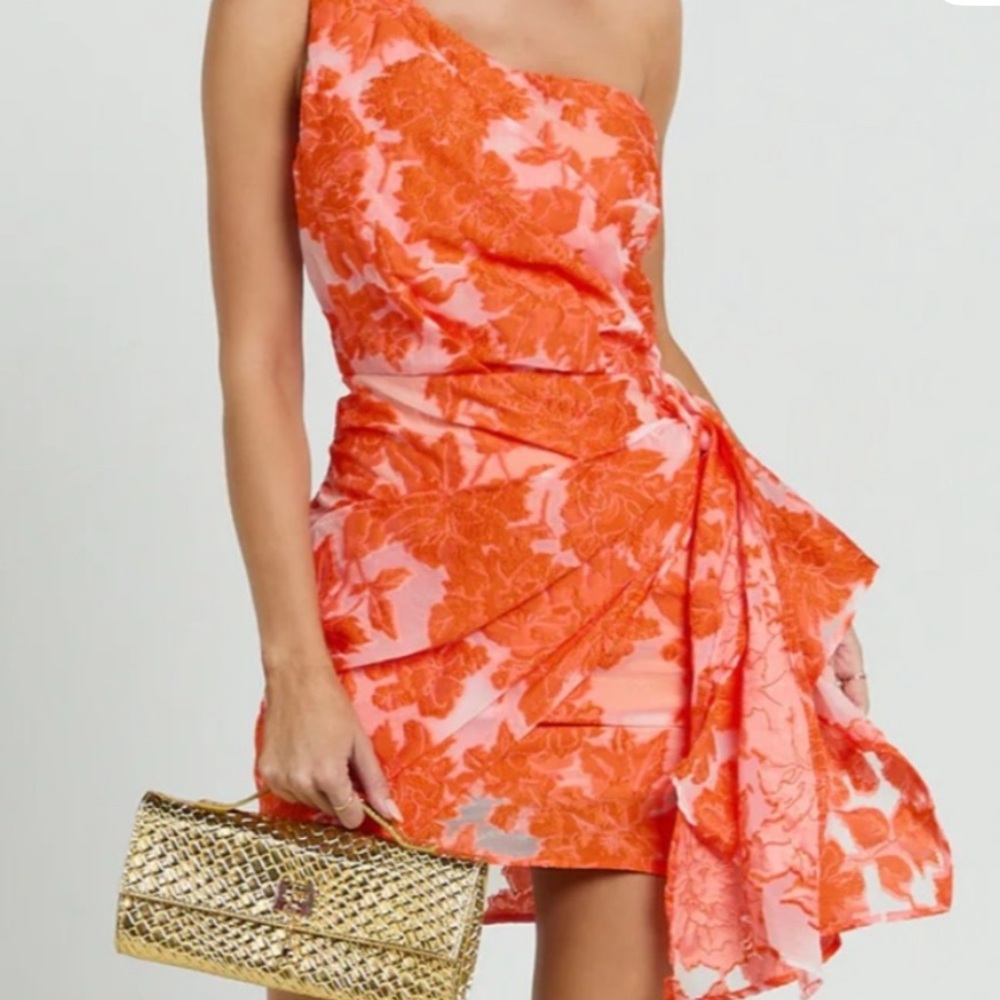 Showpo Brailey One-Shoulder Floral Orange Jacquard Mini Wrap Dress – Size 0